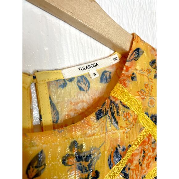 TULAROSA Camden Metallic Yellow Floral Ruffle Long Sleeve Dress SMALL - Picture 7 of 13